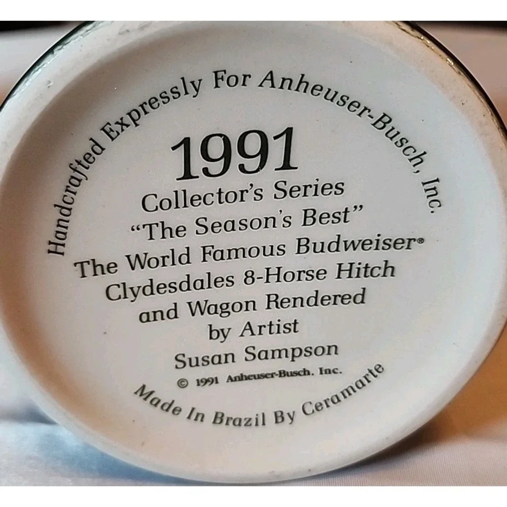 VTG 1991 Budweiser Beer Christmas Stein Mug Clydesdales Ceramarte Retro Dad Gift